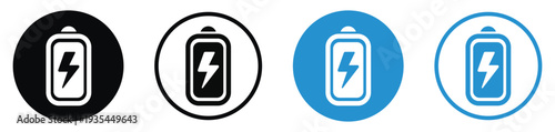 Set of battery charging icons with lightning bolt symbol. Four variations including solid and line styles in black and blue circular frames. Vector illustration for power and energy status.