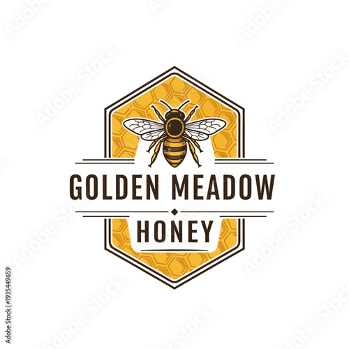 Honey Bee and Honeycomb Golden Meadow Honey Brand Logo Illustration