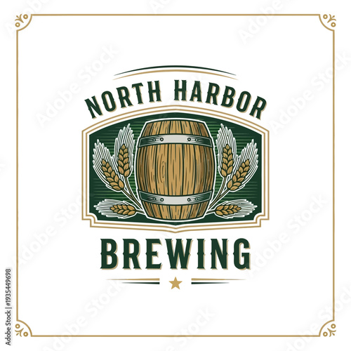 Brewing North Harbor Logo with a Vintage Barrel and Wheat Stalks