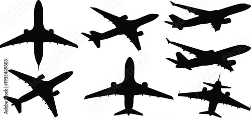 Collection of seven commercial airplane silhouettes, black vector icons of passenger aircraft in flight isolated on white.