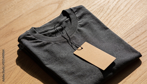 Folded gray t-shirt with blank brown paper tag on wooden table background for apparel mockup