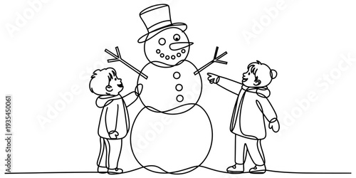 Children building snowman winter fun line art illustration