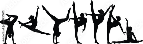 Gymnastics and dance silhouette collection, flexible female athletes performing acrobatic poses isolated on white background vector illustration set