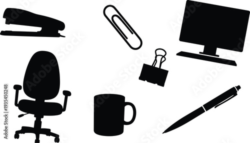 Collection of seven essential office and desk supply icons, black vector silhouettes of office chair, coffee mug, and stationery isolated on white.