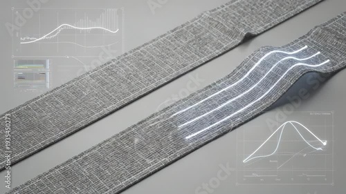 Detailed medium shot displaying a stretchsensing narrow fabric band with conductive yarns dynamically reacting to bending and elongation for advanced movement tracking.