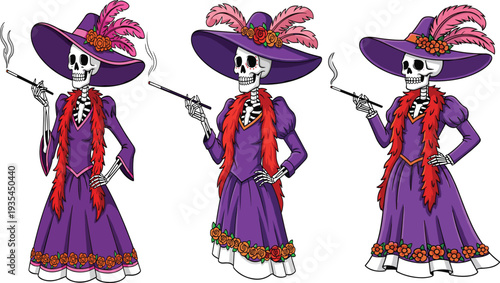 Elegant cartoon skeletons in La Catrina outfits, Day of the Dead Mexican cultural illustration with purple dresses, hats, roses, feathers, and character design