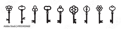 Diverse vintage keys black silhouette set retro style isolated on white background
