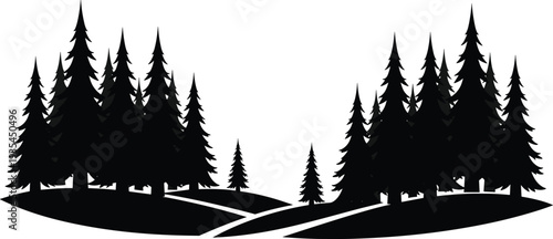 Coniferous pine forest silhouette set, evergreen tree landscape collection, nature woods background, cad drawing flat vector illustration, isolated on white