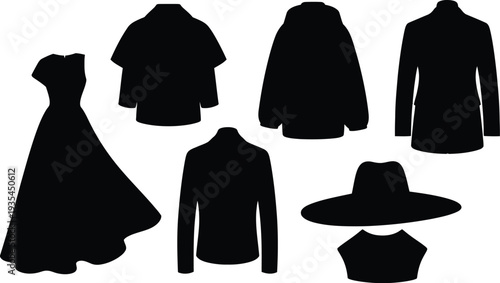 Collection of seven fashion and apparel silhouettes, black vector icons of evening gowns, jackets, blazers, and a stylish wide-brim hat isolated on white.