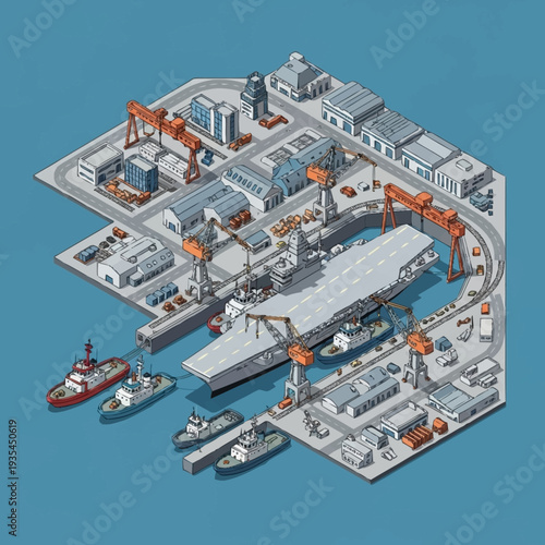 Isometric View of Industrial Shipping Port Facility.