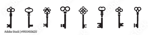 Various old keys black silhouette set antique style isolated on white background