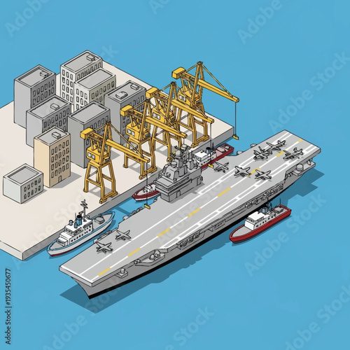 Aircraft Carrier Ship with Cranes and Boats.