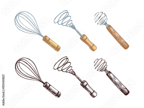 Hand drawn vintage kitchen whisk set with baking mixer tools engraving sketch style culinary utensil collection