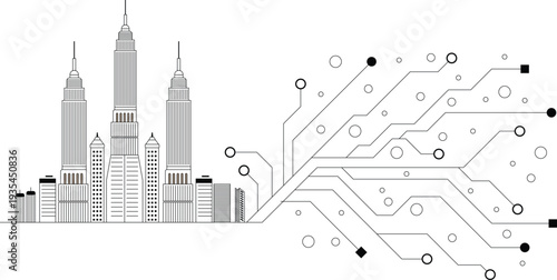 Modern City Skyline Merging with Digital Circuit Board, Technology Integration Vector Illustration