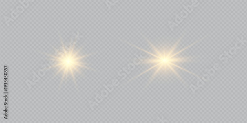 Glowing Golden Star Light Effect with Sparkle Rays and Lens Flare Illumination on Transparent Background