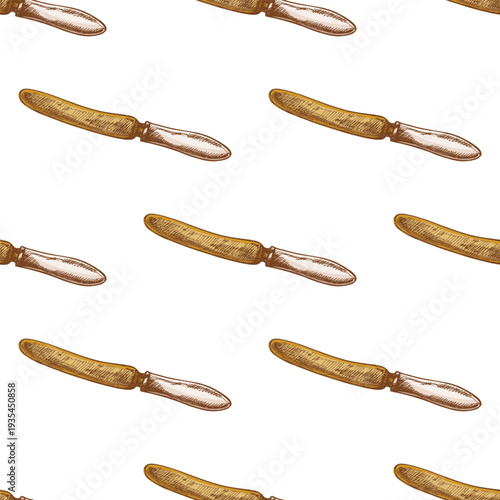 Hand drawn vintage seamless pattern with butter knife kitchen utensil engraving style culinary cutlery illustration