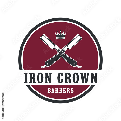Barber Shop Logo with Crossed Straight Razors and a Crown Emblem
