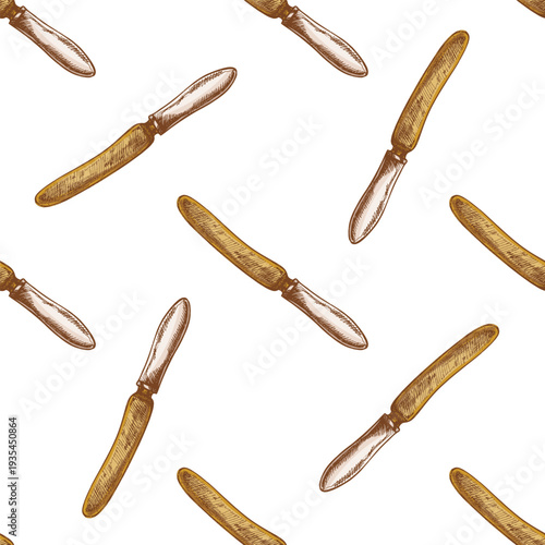 Hand drawn vintage seamless pattern with butter knife kitchen utensil engraving style culinary cutlery illustration