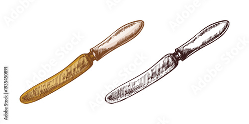 Hand drawn vintage butter knife kitchen utensil engraving style culinary cutlery illustration with color and monochrome versions