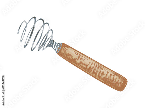 Hand drawn vintage spiral whisk kitchen utensil engraving style culinary mixing tool illustration for menu cookbook design