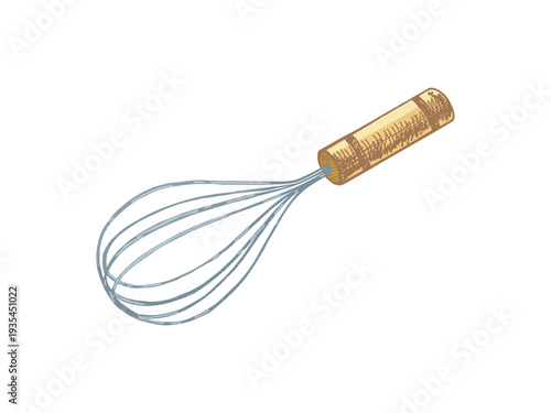 Hand drawn vintage balloon whisk kitchen utensil engraving style culinary mixing tool illustration for menu cookbook design