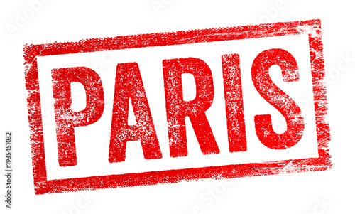 PARIS text in a distressed red rubber stamp style with a weathered, rectangular border. This bold typographic graphic features a gritty, ink-smudged texture reminiscent of a vintage travel document or