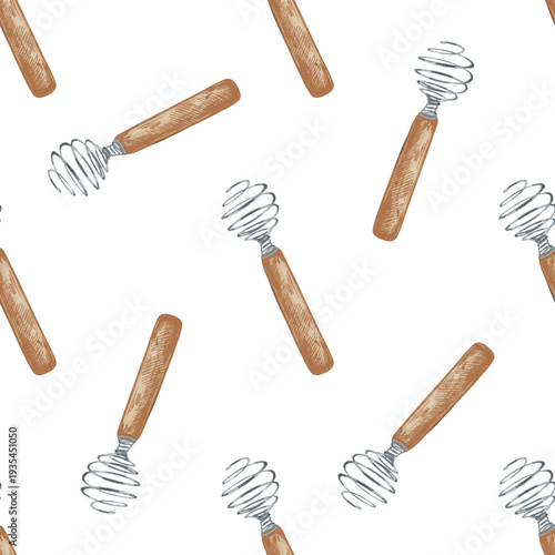 Hand drawn vintage seamless pattern with spiral whisk kitchen utensil engraving style culinary tool illustration