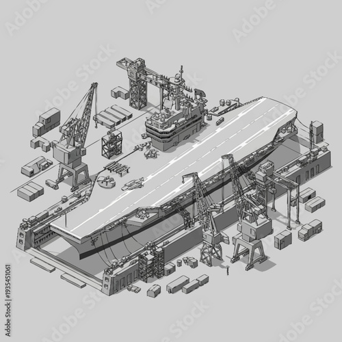 Industrial Shipbuilding Yard with Cranes and Equipment.