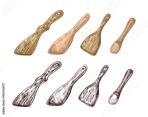 Hand drawn vintage wooden spatula kitchen utensil set engraving style culinary cooking tools color monochrome illustration