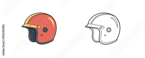 Motorcycle open face helmet in cartoon and linear styles with red and yellow colors for head protection and road safety on white background isolated set
