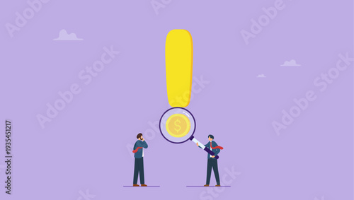 Business people analysis on risk dollar exclamation symbol. Risk Management and financial identifying, finance investment and risk concept.