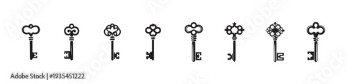 Collection of antique skeleton keys, vintage locks, retro security, privacy and access symbols