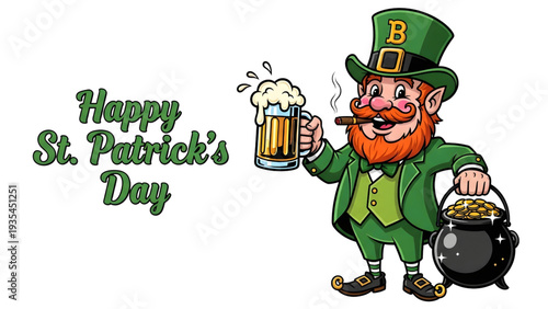 Cheerful leprechaun celebrating St. Patrick's Day with beer and gold coins