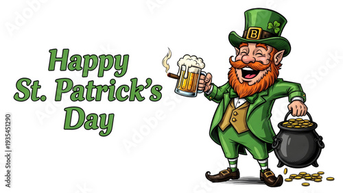 Cheerful leprechaun celebrating St. Patrick's Day with beer and gold coins