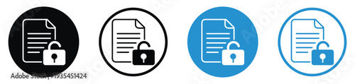 Document icon paired with a unlock padlock symbol to indicate secure data, encrypted files, or privacy protection. Perfect for cybersecurity, legal, and confidential business web interfaces.