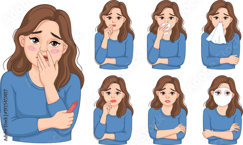 Sick woman symptoms vector illustration, female character coughing sneezing fever cold flu wearing medical mask healthcare concept