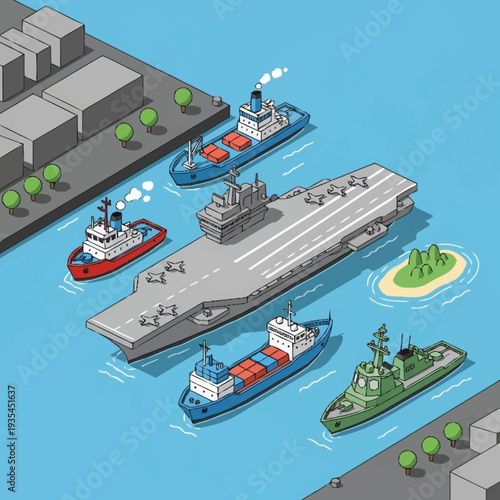 Isometric Illustration of Ships and Cargo Vessels.