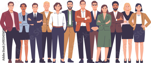 Diverse business team standing together vector illustration, professional men and women corporate group isolated on white background