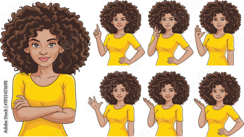 Confident curly hair woman character poses vector illustration, smiling female showing different hand gestures casual style isolated background