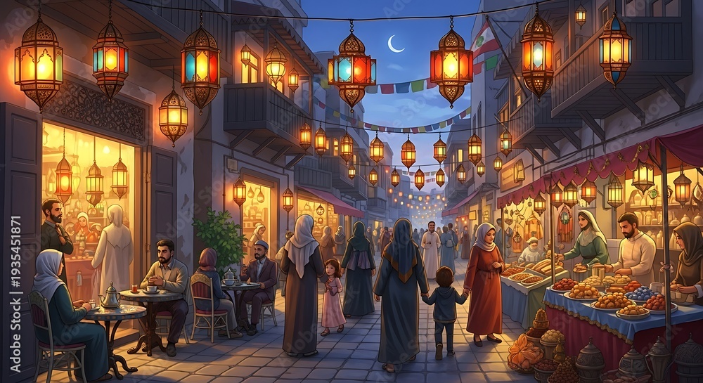 Obraz premium Vibrant Night Market Scene with Lanterns and People.