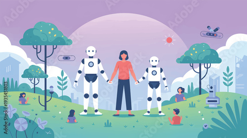 Human and robots holding hands in a stylized park landscape