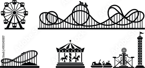 Amusement Park and Carnival Ride Silhouettes Set Ferris Wheel Roller Coaster and Carousel Icons