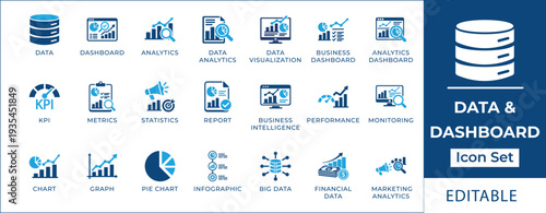 Data and dashboard analytics icon set featuring business intelligence, KPI metrics, data visualization, financial reports, marketing analytics, and performance monitoring symbols.