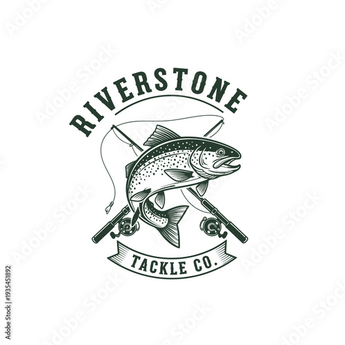 Fishing Trout Emblem Design with Rods and Banner for Tackle Company