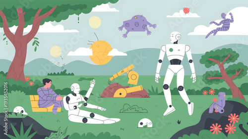 Diverse robots and a person interacting in a stylized outdoor landscape, android human interaction