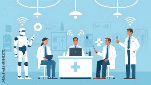 Robot and doctors in a modern medical meeting discussing healthcare technology