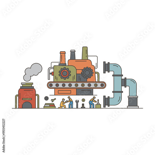 Industrial factory with smoke stacks polluting the air, viewed from the side, in an illustration