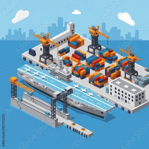 Industrial Shipping Port with Cranes and Containers.