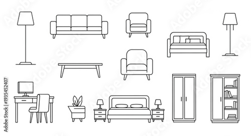 Collection of hand-drawn furniture and home decor items.