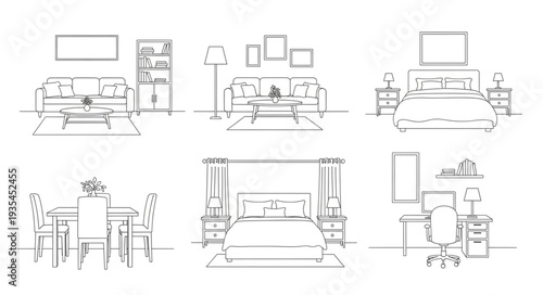 Interior design sketches of various rooms and furniture.